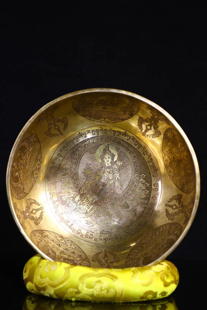 8"Tibetan Temple Collection Old Bronze Gilt Green Tara Bodhisattva Buddha Sound Bowl Prayer Bowl Amulet Dharma Worship Hall