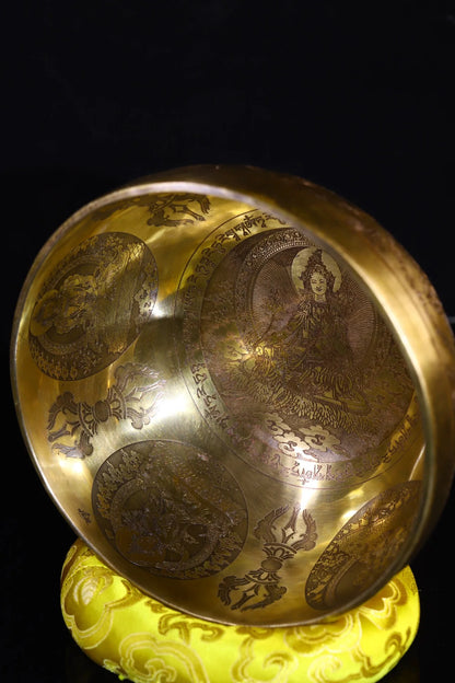 8"Tibetan Temple Collection Old Bronze Gilt Green Tara Bodhisattva Buddha Sound Bowl Prayer Bowl Amulet Dharma Worship Hall