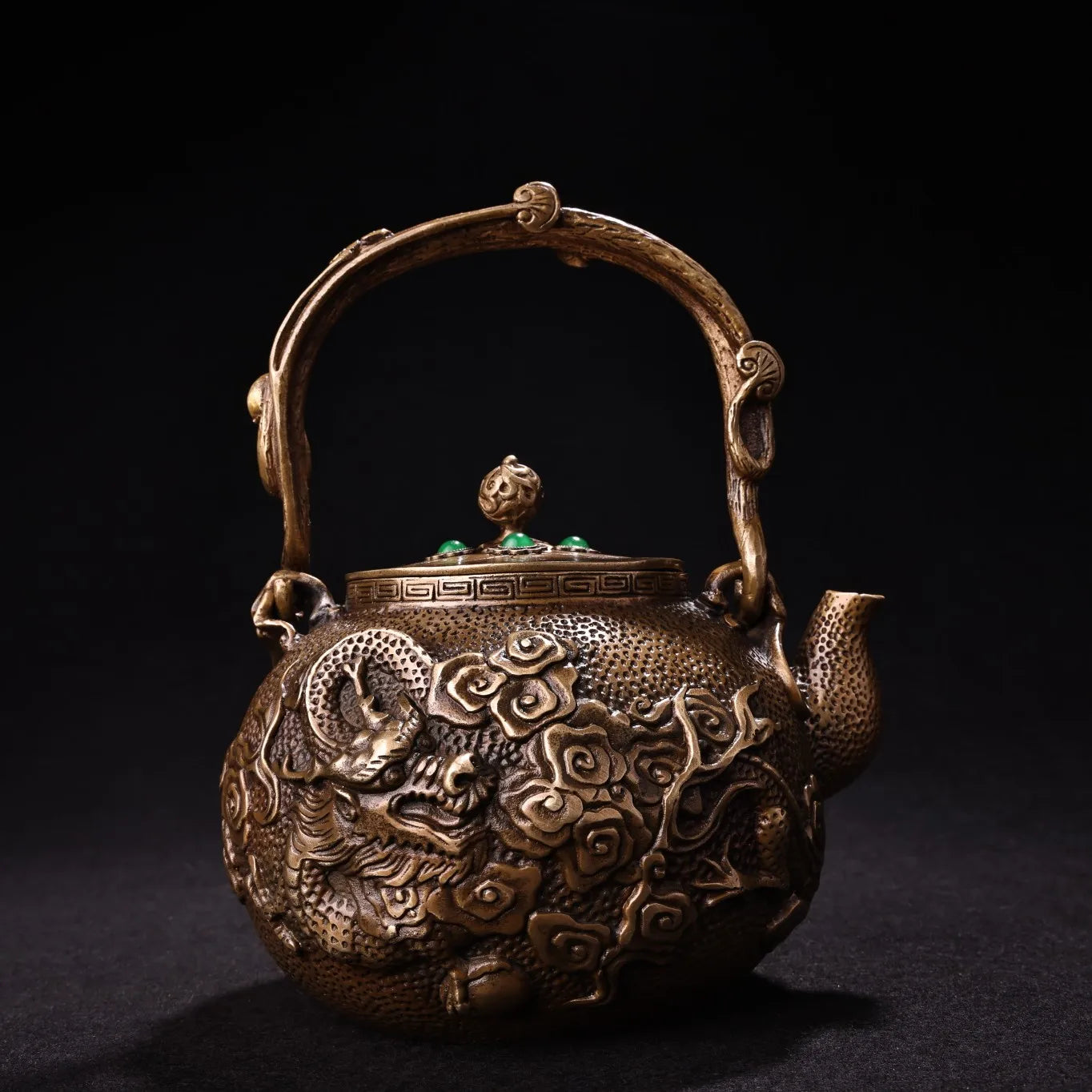8"Tibetan Temple Collection Old Bronze Mosaic Gem Dragon Cloud Texture Pot Kettle Teapot  Flagon Amass wealth Ornaments
