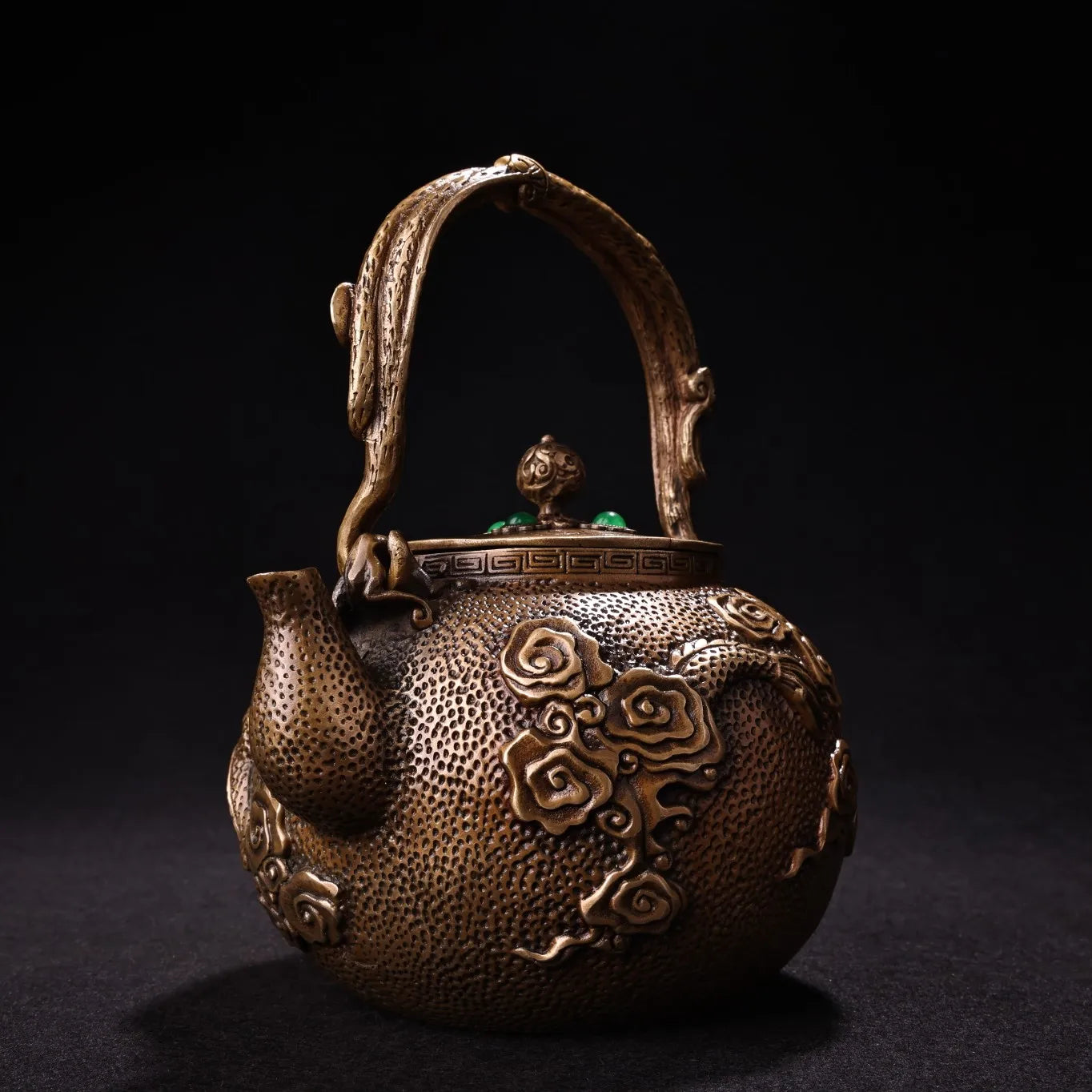 8"Tibetan Temple Collection Old Bronze Mosaic Gem Dragon Cloud Texture Pot Kettle Teapot  Flagon Amass wealth Ornaments