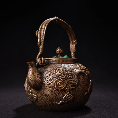 8"Tibetan Temple Collection Old Bronze Mosaic Gem Dragon Cloud Texture Pot Kettle Teapot  Flagon Amass wealth Ornaments