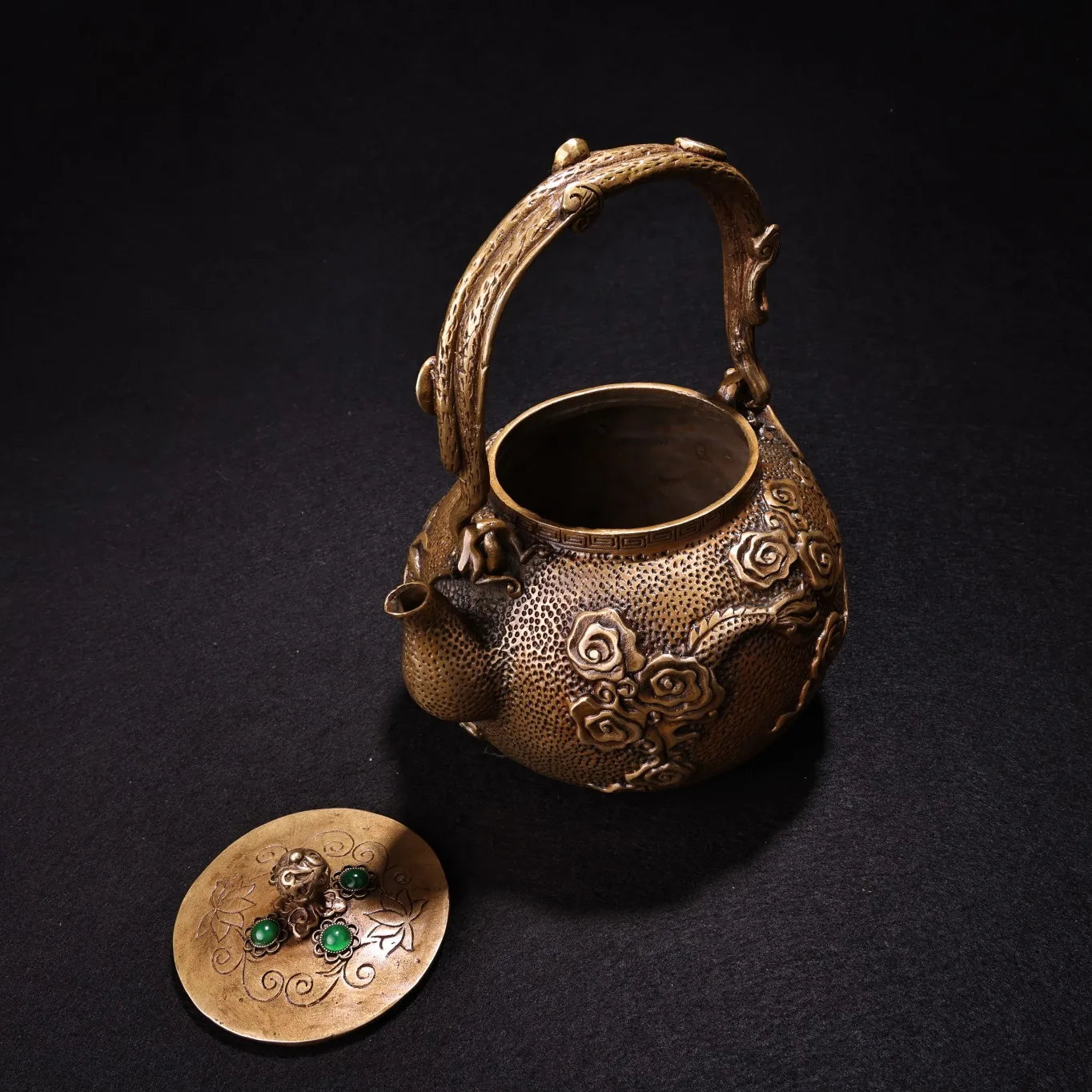 8"Tibetan Temple Collection Old Bronze Mosaic Gem Dragon Cloud Texture Pot Kettle Teapot  Flagon Amass wealth Ornaments