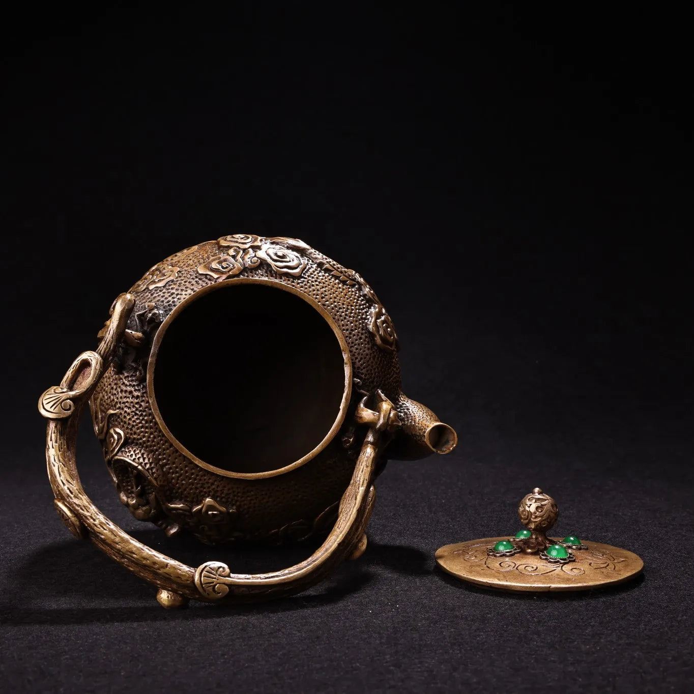 8"Tibetan Temple Collection Old Bronze Mosaic Gem Dragon Cloud Texture Pot Kettle Teapot  Flagon Amass wealth Ornaments