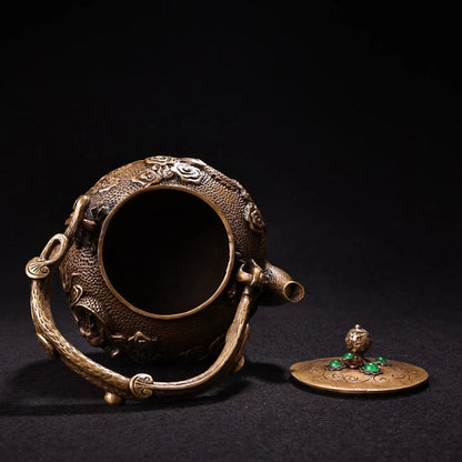 8"Tibetan Temple Collection Old Bronze Mosaic Gem Dragon Cloud Texture Pot Kettle Teapot  Flagon Amass wealth Ornaments
