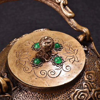 8"Tibetan Temple Collection Old Bronze Mosaic Gem Dragon Cloud Texture Pot Kettle Teapot  Flagon Amass wealth Ornaments