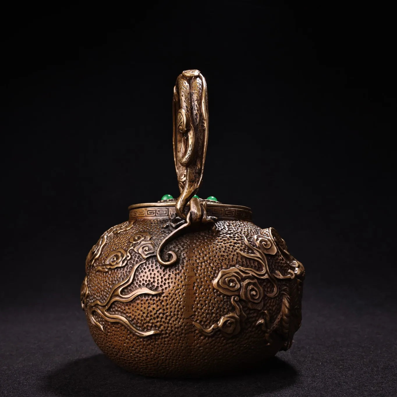 8"Tibetan Temple Collection Old Bronze Mosaic Gem Dragon Cloud Texture Pot Kettle Teapot  Flagon Amass wealth Ornaments