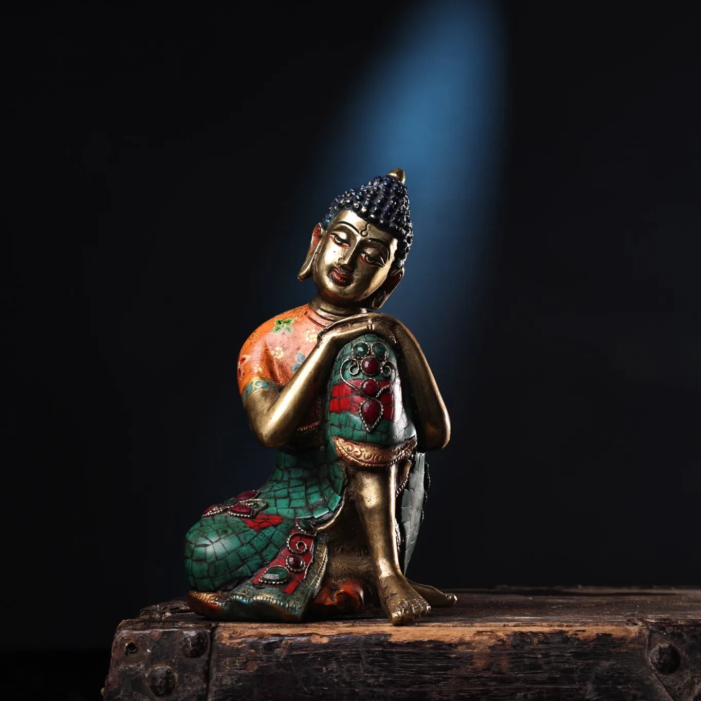 8"Tibetan Temple Collection Old Bronze Outline in gold Mosaic Gem Turquoise Sakyamuni Sleeping Buddha Meditating  Worship hall