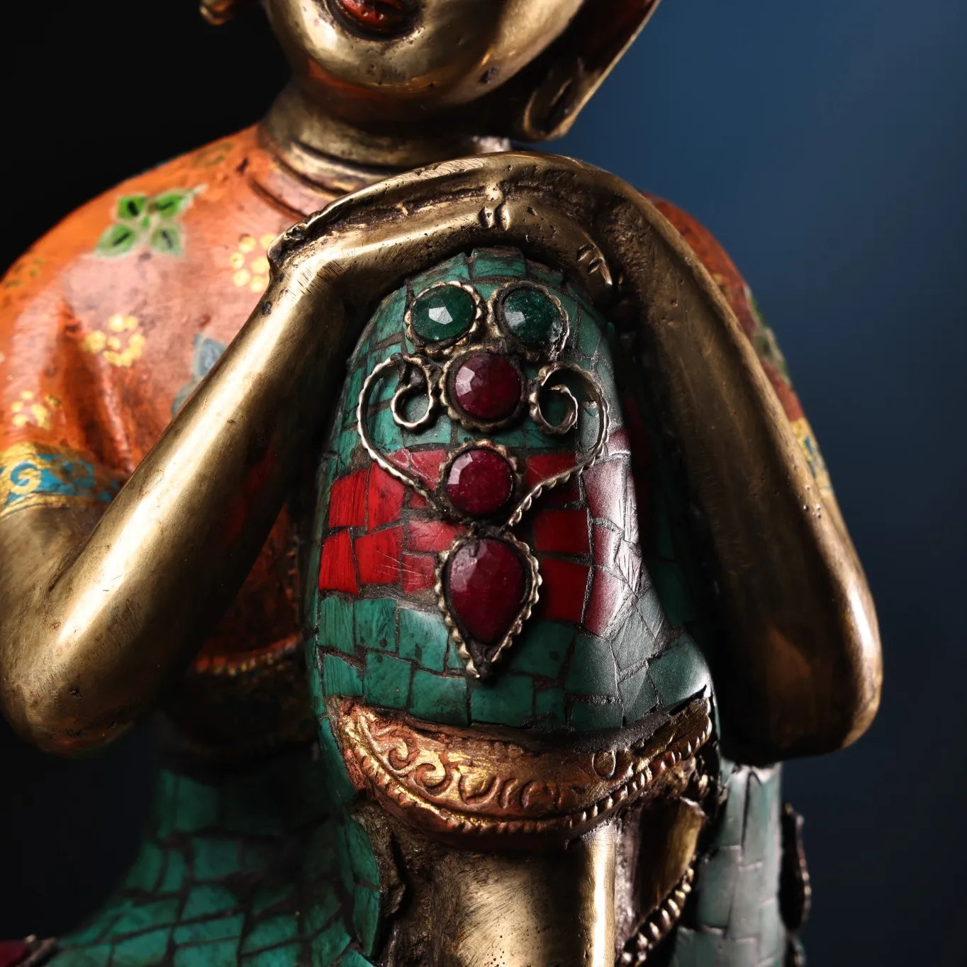 8"Tibetan Temple Collection Old Bronze Outline in gold Mosaic Gem Turquoise Sakyamuni Sleeping Buddha Meditating  Worship hall