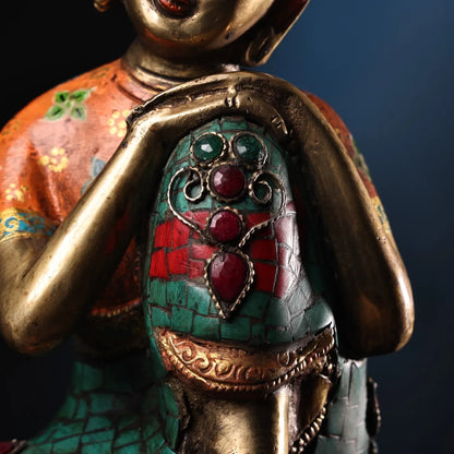 8"Tibetan Temple Collection Old Bronze Outline in gold Mosaic Gem Turquoise Sakyamuni Sleeping Buddha Meditating  Worship hall