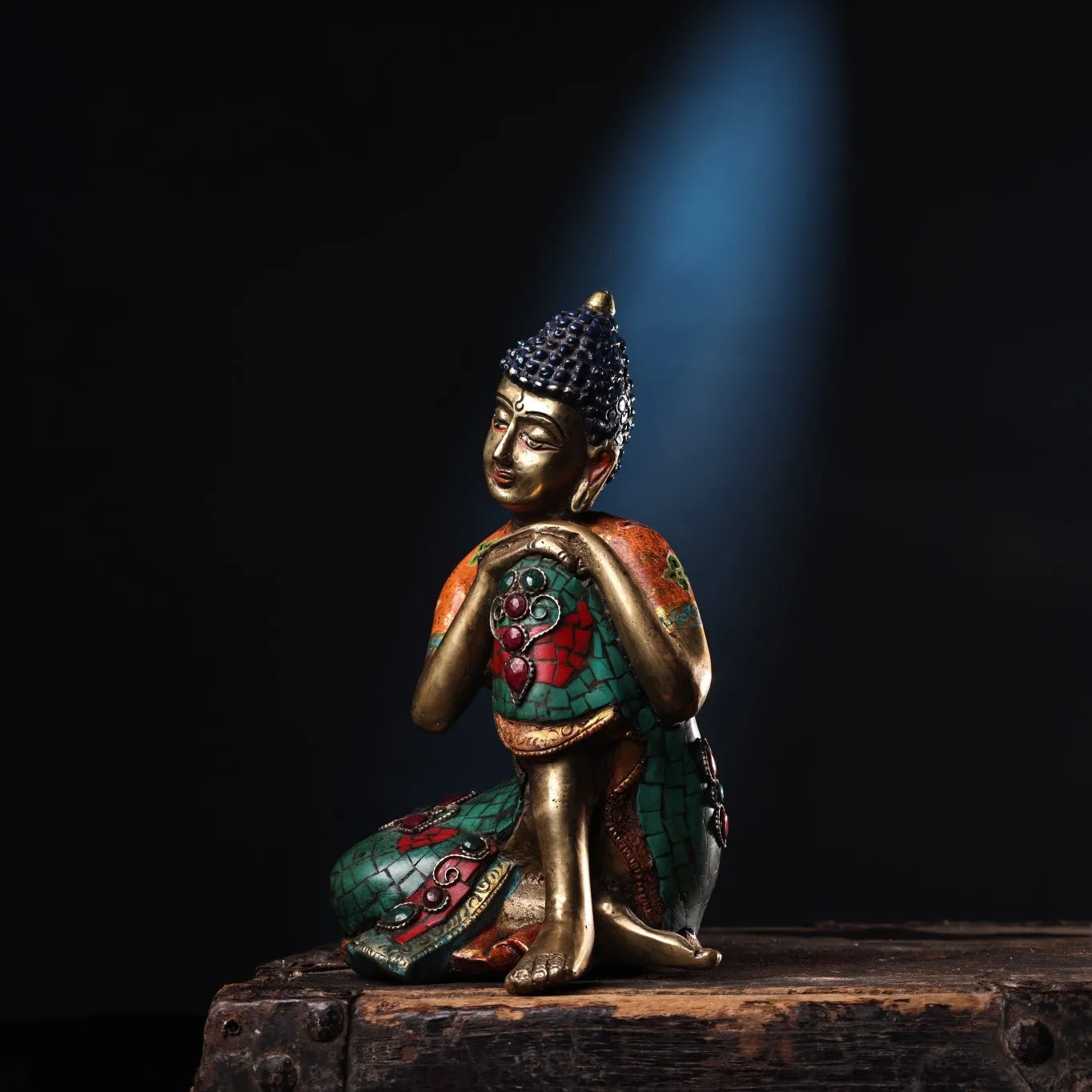 8"Tibetan Temple Collection Old Bronze Outline in gold Mosaic Gem Turquoise Sakyamuni Sleeping Buddha Meditating  Worship hall