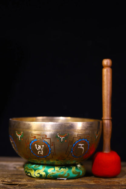 8"Tibetan Temple Collection Old Bronze Painted Gilded Manjushri Bodhisattva Buddha Buddhist Music Bowl Amulet Worship Hall