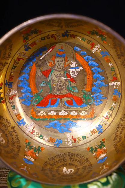 8"Tibetan Temple Collection Old Bronze Painted Gilded Manjushri Bodhisattva Buddha Buddhist Music Bowl Amulet Worship Hall