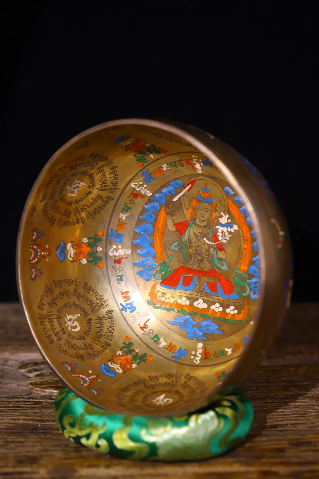 8"Tibetan Temple Collection Old Bronze Painted Gilded Manjushri Bodhisattva Buddha Buddhist Music Bowl Amulet Worship Hall