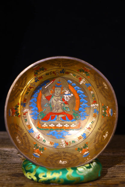 8"Tibetan Temple Collection Old Bronze Painted Gilded Manjushri Bodhisattva Buddha Buddhist Music Bowl Amulet Worship Hall