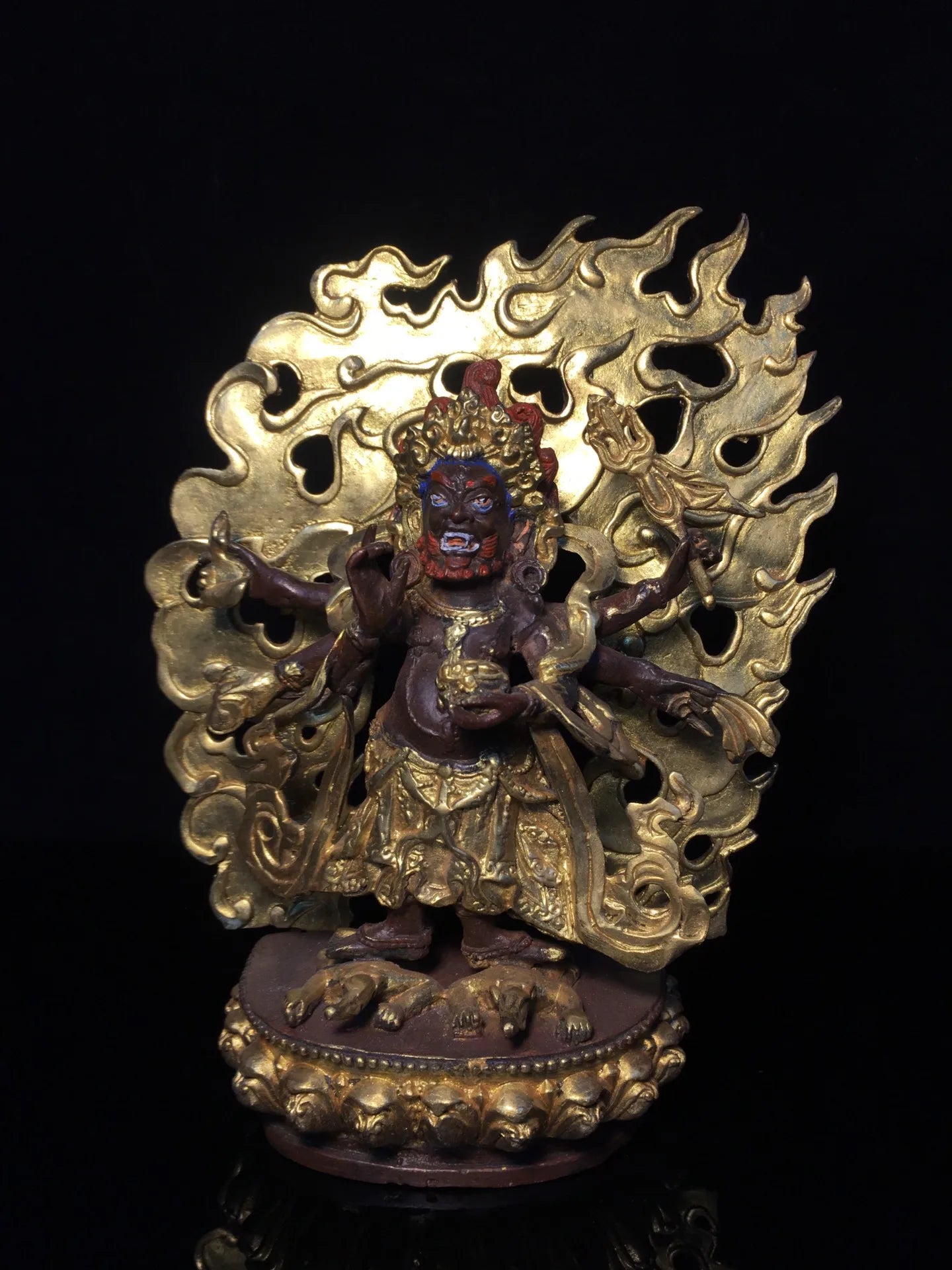 8"Tibetan Temple Collection Old Bronze Painted Gilding six-arm Mahakala Backlight Tibetan Buddha Worship Hall Town house