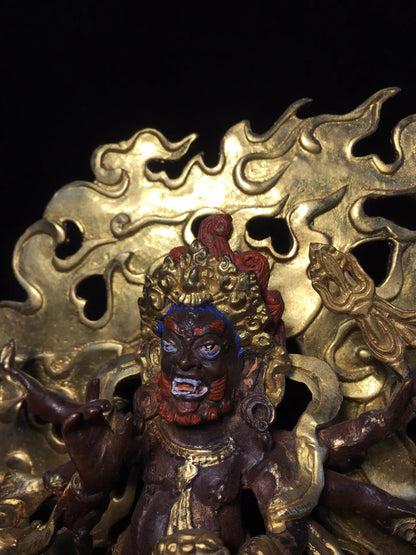 8"Tibetan Temple Collection Old Bronze Painted Gilding six-arm Mahakala Backlight Tibetan Buddha Worship Hall Town house