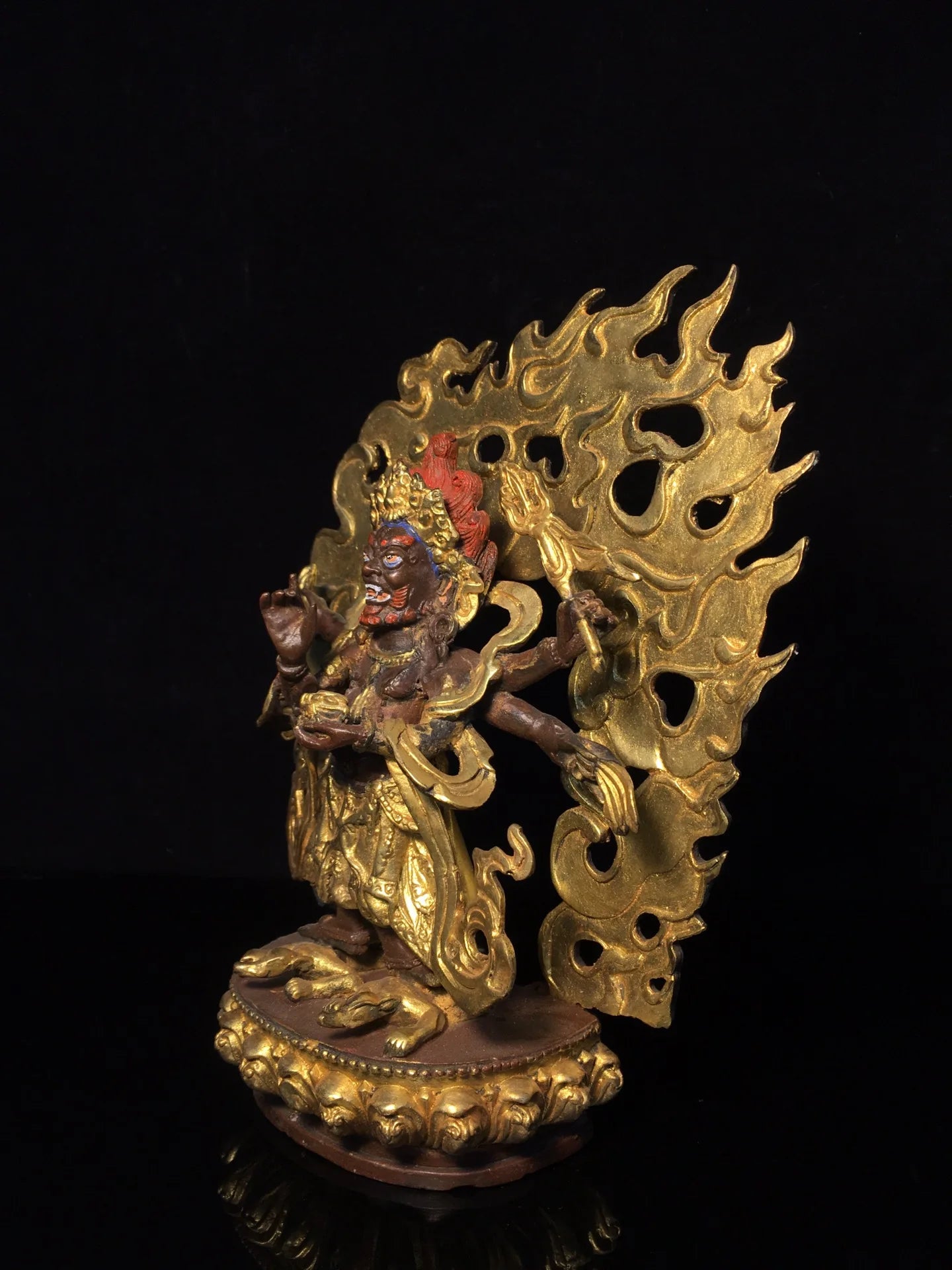 8"Tibetan Temple Collection Old Bronze Painted Gilding six-arm Mahakala Backlight Tibetan Buddha Worship Hall Town house