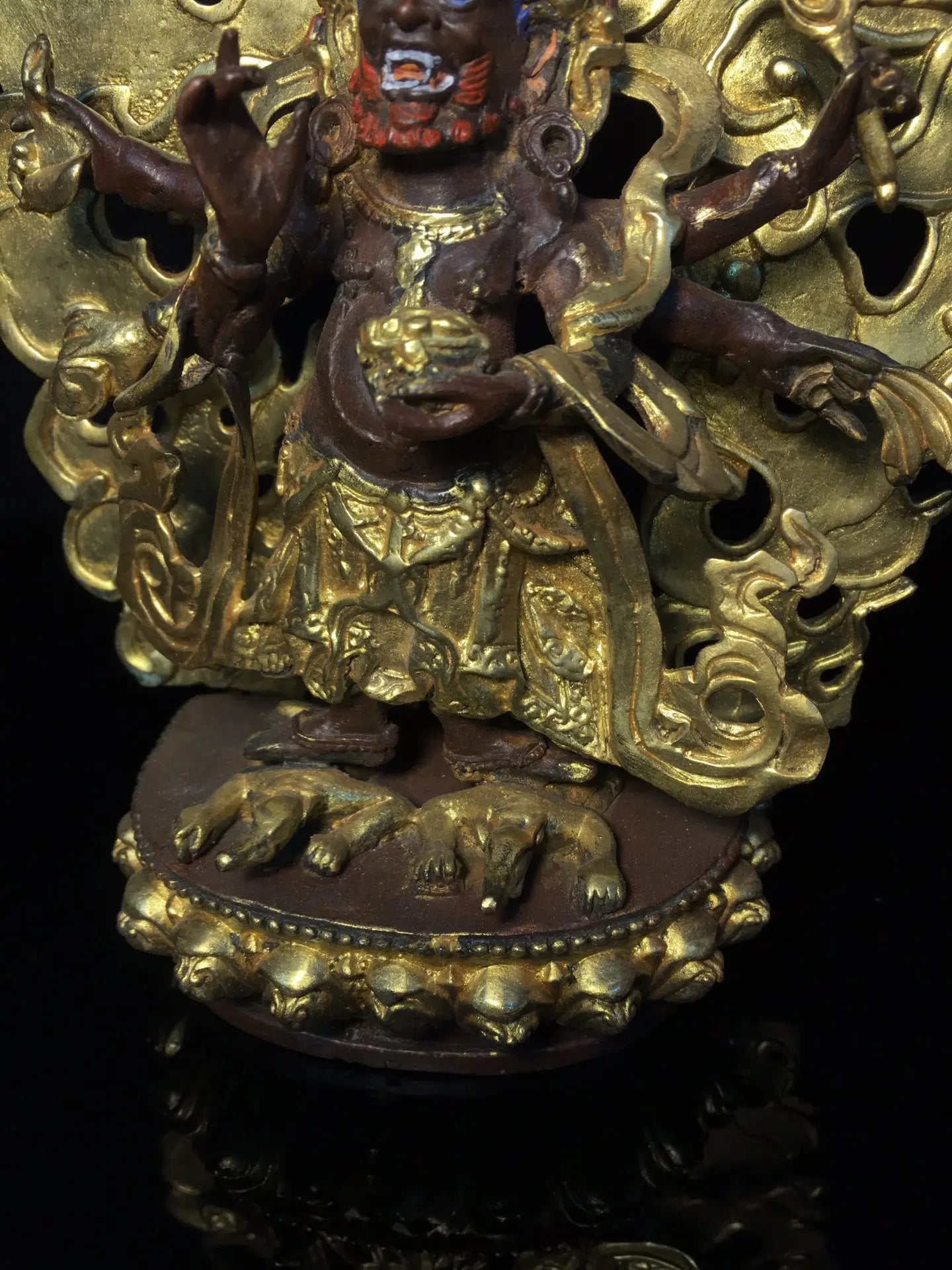 8"Tibetan Temple Collection Old Bronze Painted Gilding six-arm Mahakala Backlight Tibetan Buddha Worship Hall Town house