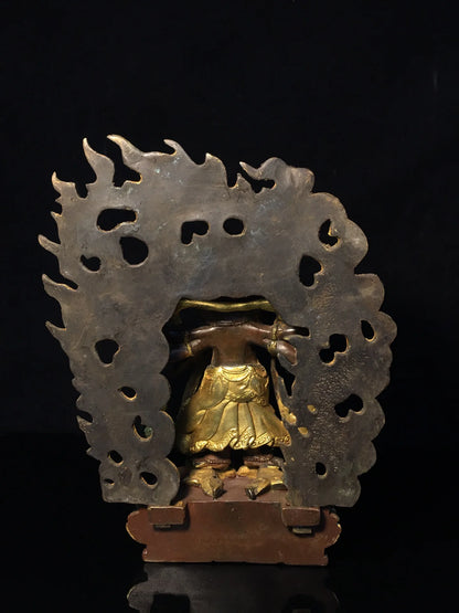8"Tibetan Temple Collection Old Bronze Painted Gilding six-arm Mahakala Backlight Tibetan Buddha Worship Hall Town house