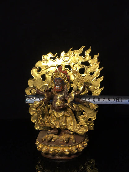 8"Tibetan Temple Collection Old Bronze Painted Gilding six-arm Mahakala Backlight Tibetan Buddha Worship Hall Town house