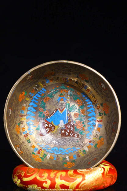 8"Tibetan Temple Collection Old Bronze Painted Guru Rinpoche Buddha Sound Bowl Prayer Bowl Worship Hall Town house Exorcism