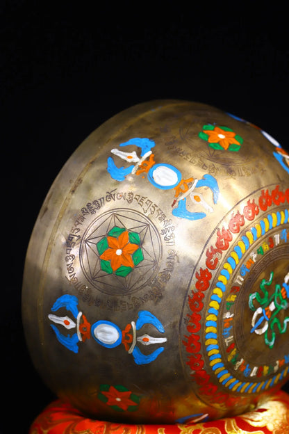 8"Tibetan Temple Collection Old Bronze Painted Guru Rinpoche Buddha Sound Bowl Prayer Bowl Worship Hall Town house Exorcism