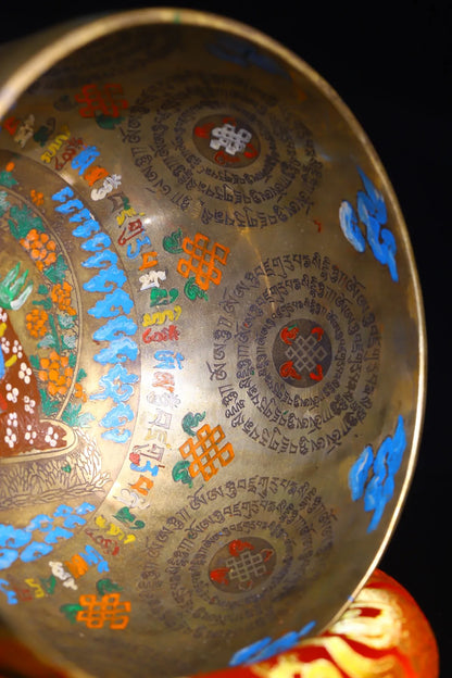 8"Tibetan Temple Collection Old Bronze Painted Guru Rinpoche Buddha Sound Bowl Prayer Bowl Worship Hall Town house Exorcism