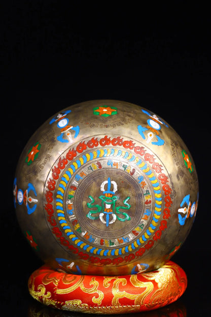 8"Tibetan Temple Collection Old Bronze Painted Guru Rinpoche Buddha Sound Bowl Prayer Bowl Worship Hall Town house Exorcism