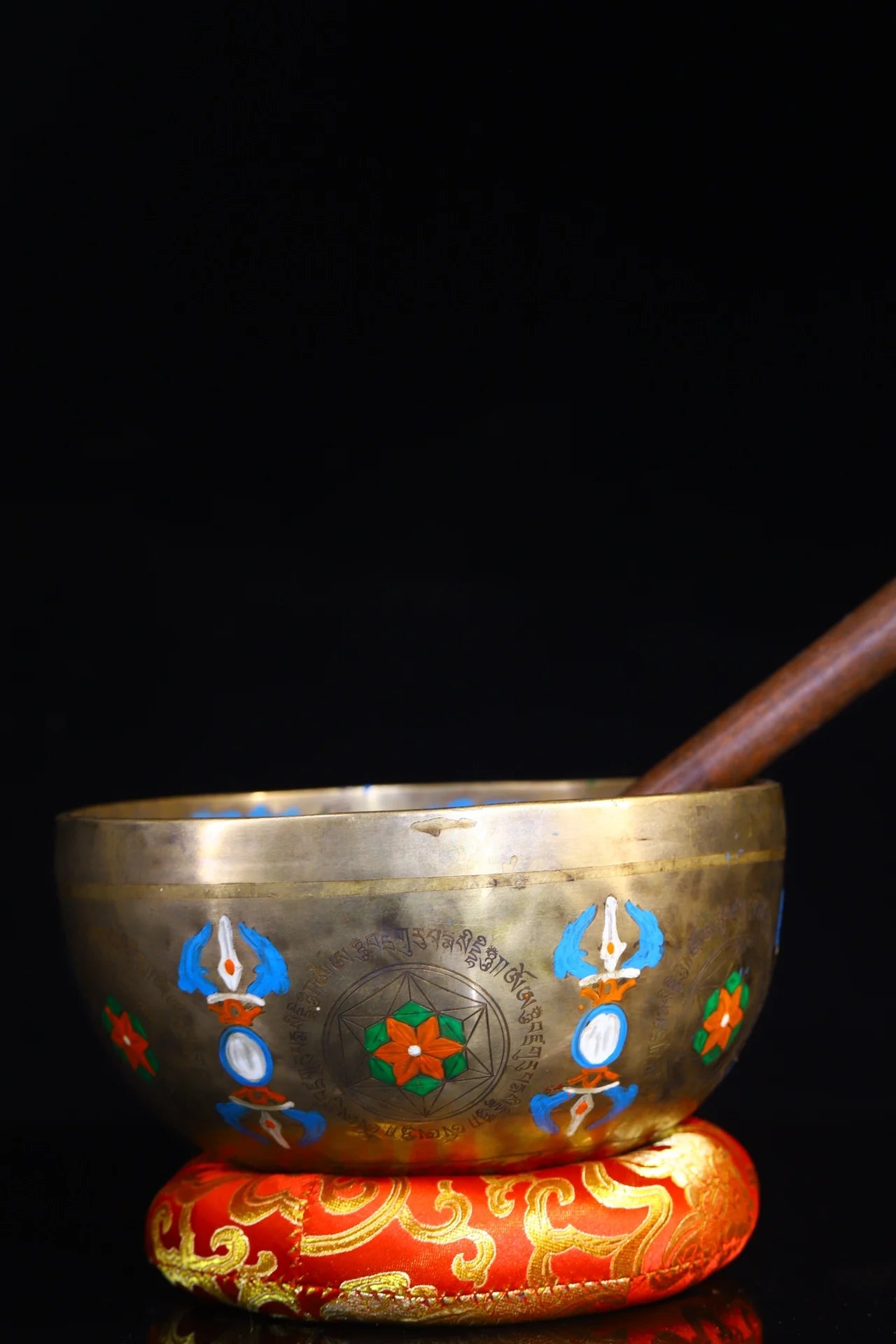 8"Tibetan Temple Collection Old Bronze Painted Guru Rinpoche Buddha Sound Bowl Prayer Bowl Worship Hall Town house Exorcism