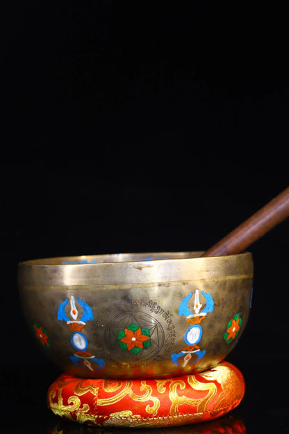 8"Tibetan Temple Collection Old Bronze Painted Guru Rinpoche Buddha Sound Bowl Prayer Bowl Worship Hall Town house Exorcism