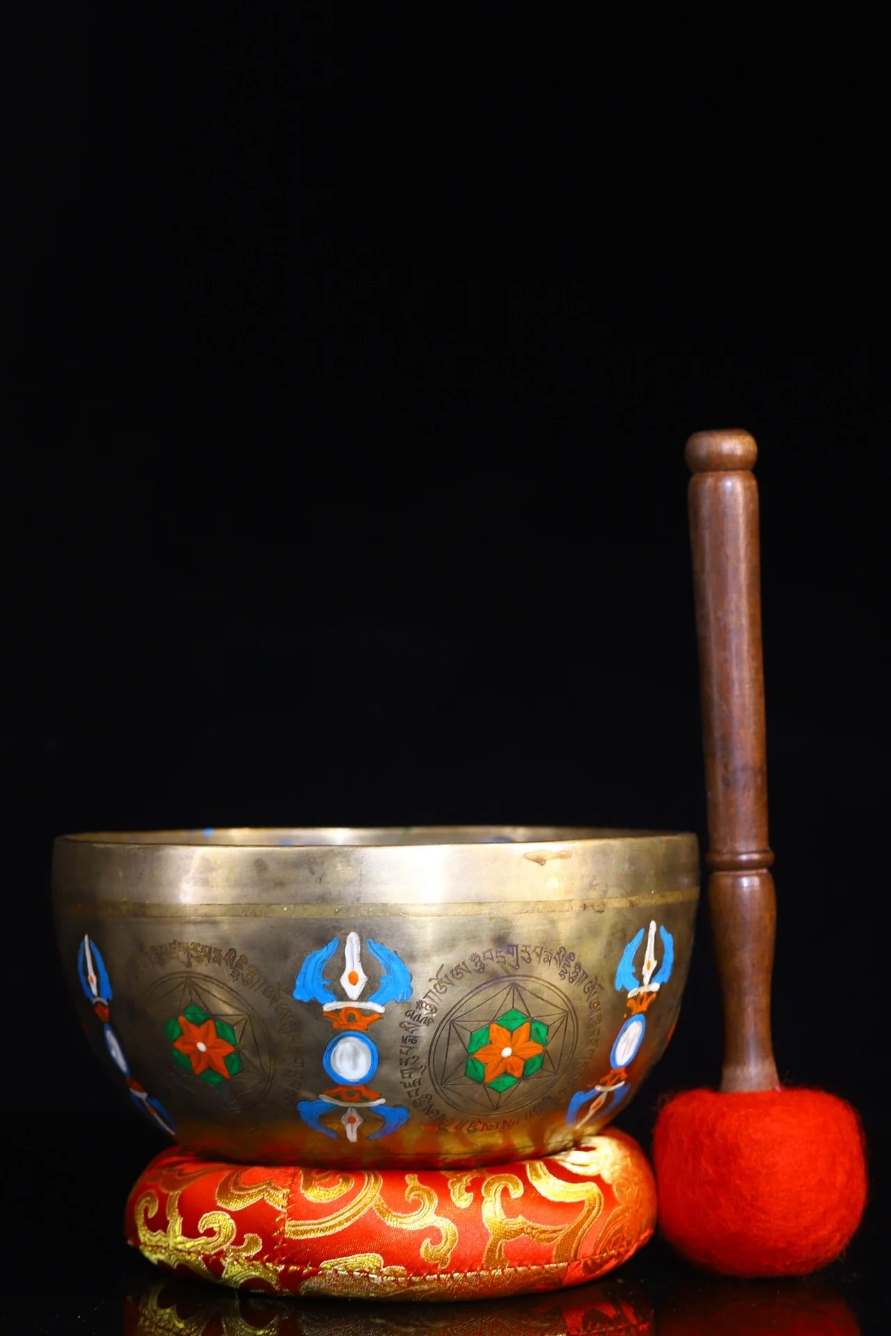 8"Tibetan Temple Collection Old Bronze Painted Guru Rinpoche Buddha Sound Bowl Prayer Bowl Worship Hall Town house Exorcism