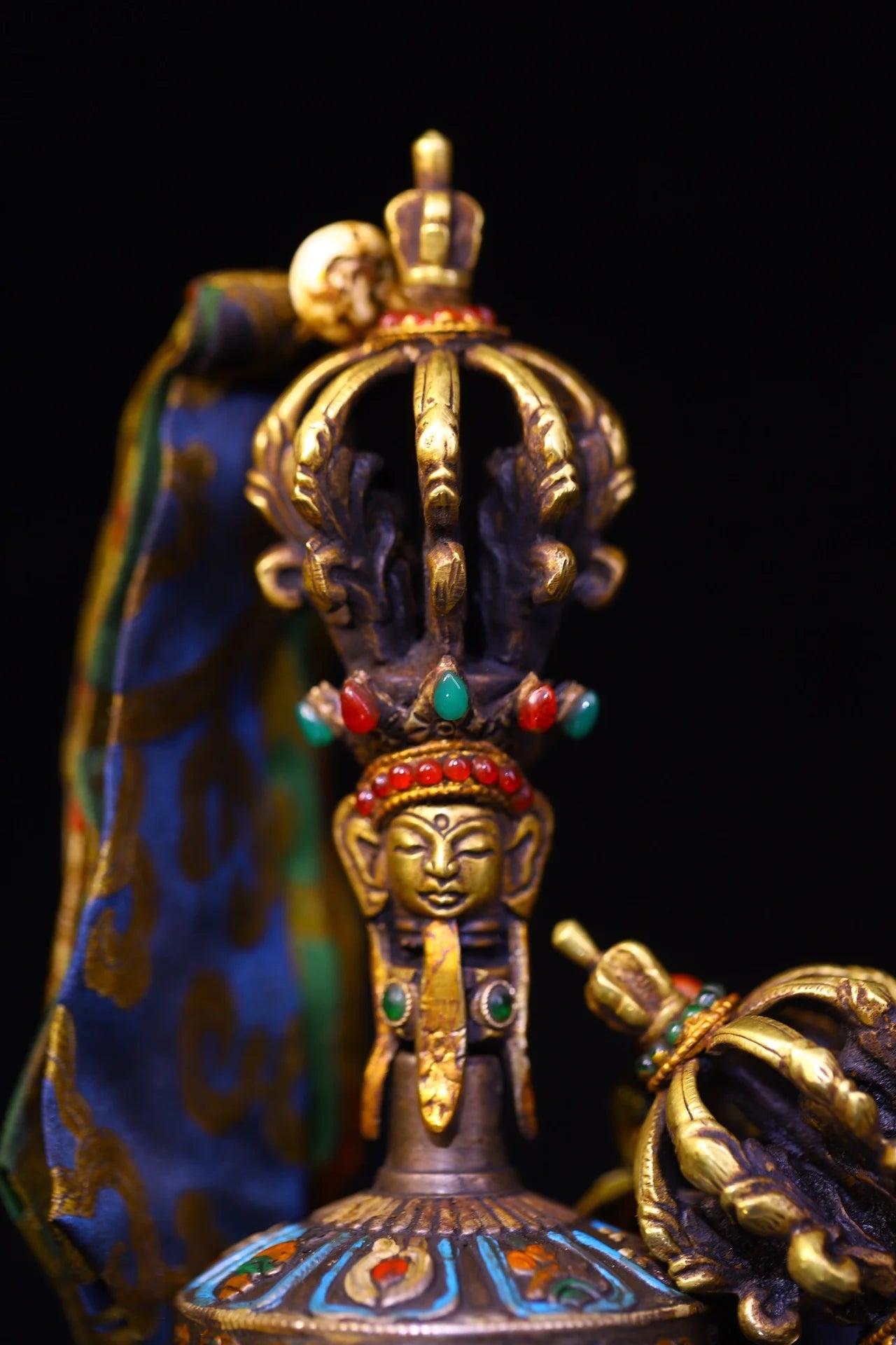 8"Tibetan Temple Collection Old Bronze Painted Six Word Proverbs Pattern Old Ringing Bell Vajra A Set Pendant Amulet Town house