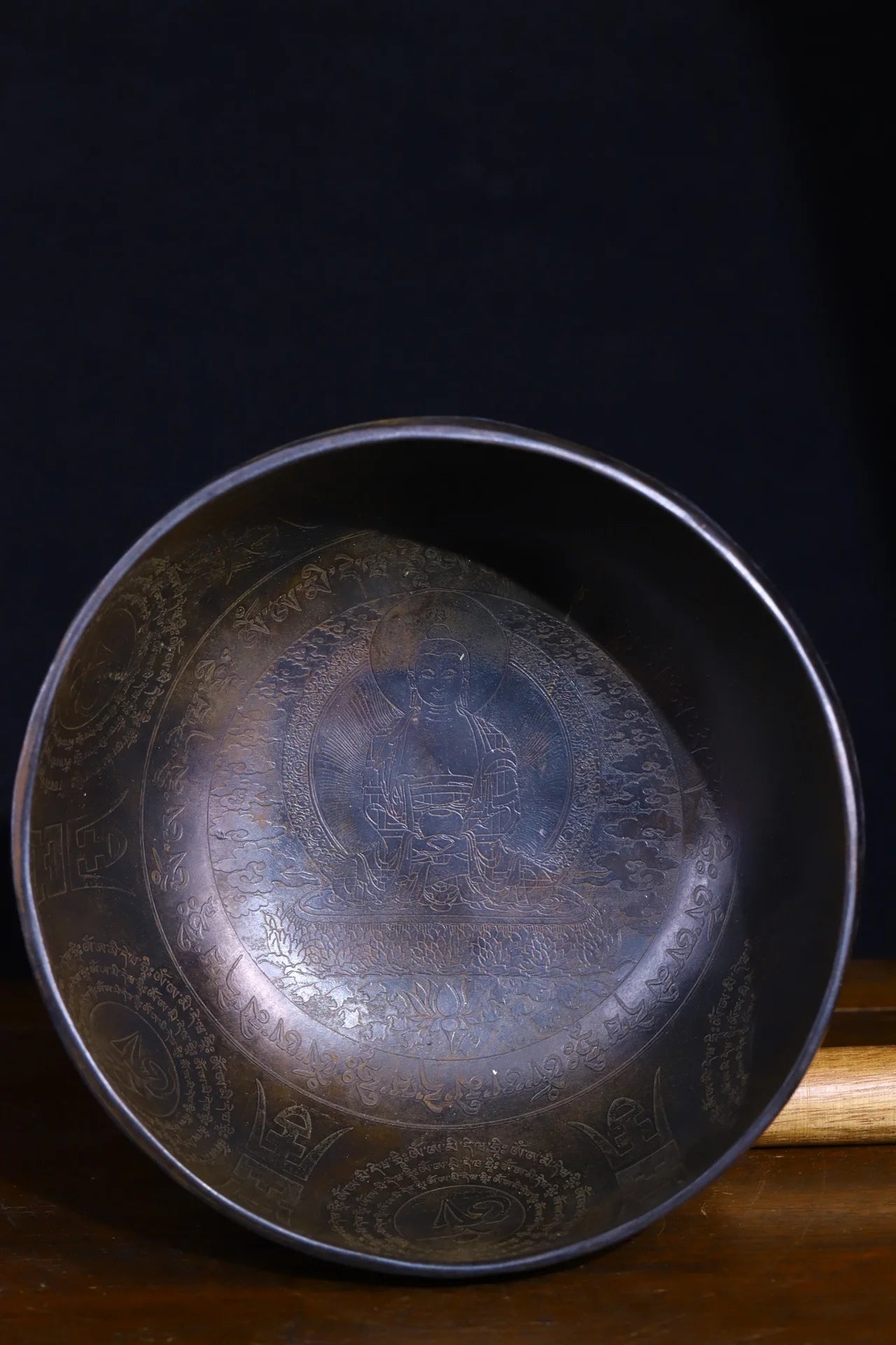 8"Tibetan Temple Collection Old Bronze Sound Shakyamuni Sanskrit Buddha sound bowl prayer bowl Dharma Amulet Town house