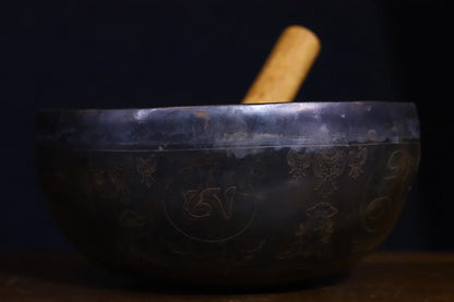 8"Tibetan Temple Collection Old Bronze Sound Shakyamuni Sanskrit Buddha sound bowl prayer bowl Dharma Amulet Town house