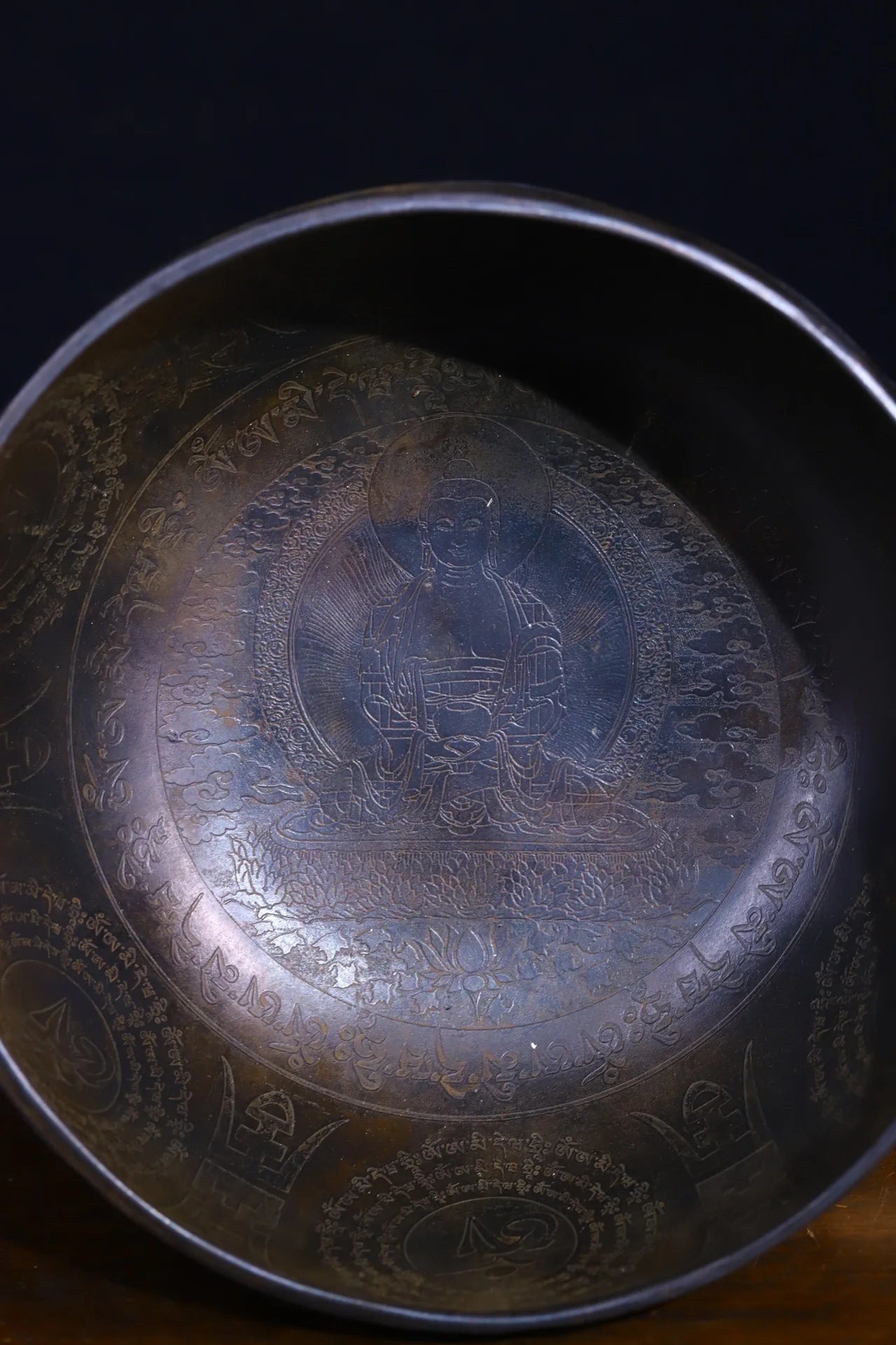 8"Tibetan Temple Collection Old Bronze Sound Shakyamuni Sanskrit Buddha sound bowl prayer bowl Dharma Amulet Town house