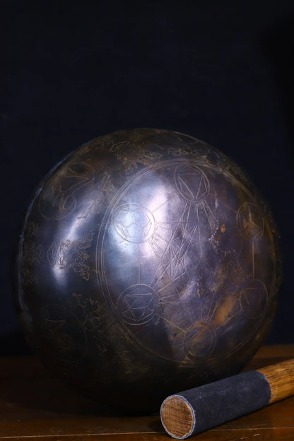 8"Tibetan Temple Collection Old Bronze Sound Shakyamuni Sanskrit Buddha sound bowl prayer bowl Dharma Amulet Town house