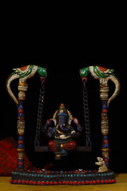 8"Tibetan Temple Collection Old Bronze Tracing Elephant Trunk God of Wealth Sitting Buddha Parrot statue Ornaments Town House