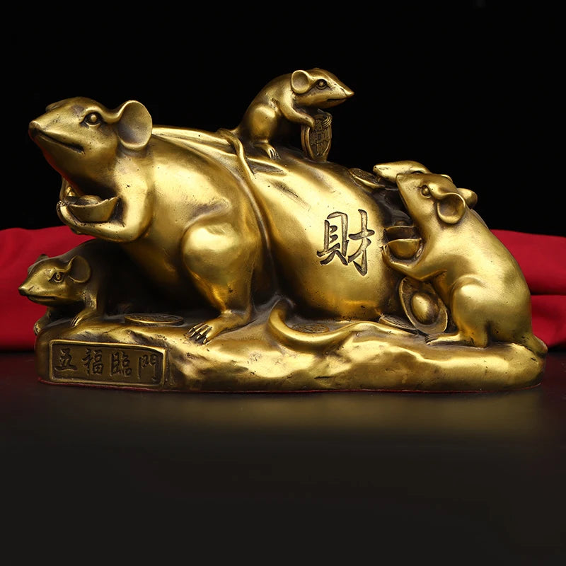 8"Tibetan Temple Collection Old Bronze Zodiac Rat Five mice Gathering Wealth Make a fortune Ornaments