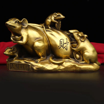 8"Tibetan Temple Collection Old Bronze Zodiac Rat Five mice Gathering Wealth Make a fortune Ornaments
