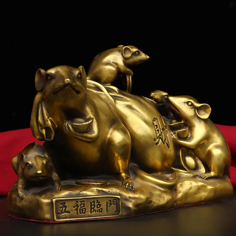 8"Tibetan Temple Collection Old Bronze Zodiac Rat Five mice Gathering Wealth Make a fortune Ornaments