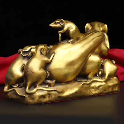 8"Tibetan Temple Collection Old Bronze Zodiac Rat Five mice Gathering Wealth Make a fortune Ornaments