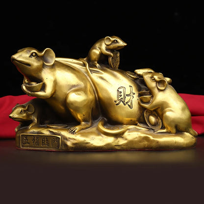 8"Tibetan Temple Collection Old Bronze Zodiac Rat Five mice Gathering Wealth Make a fortune Ornaments