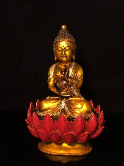 8" Tibetan Temple Collection Old Bronze painted Shakyamuni Prince Buddha Amitabha lotus platform worship hall Town House
