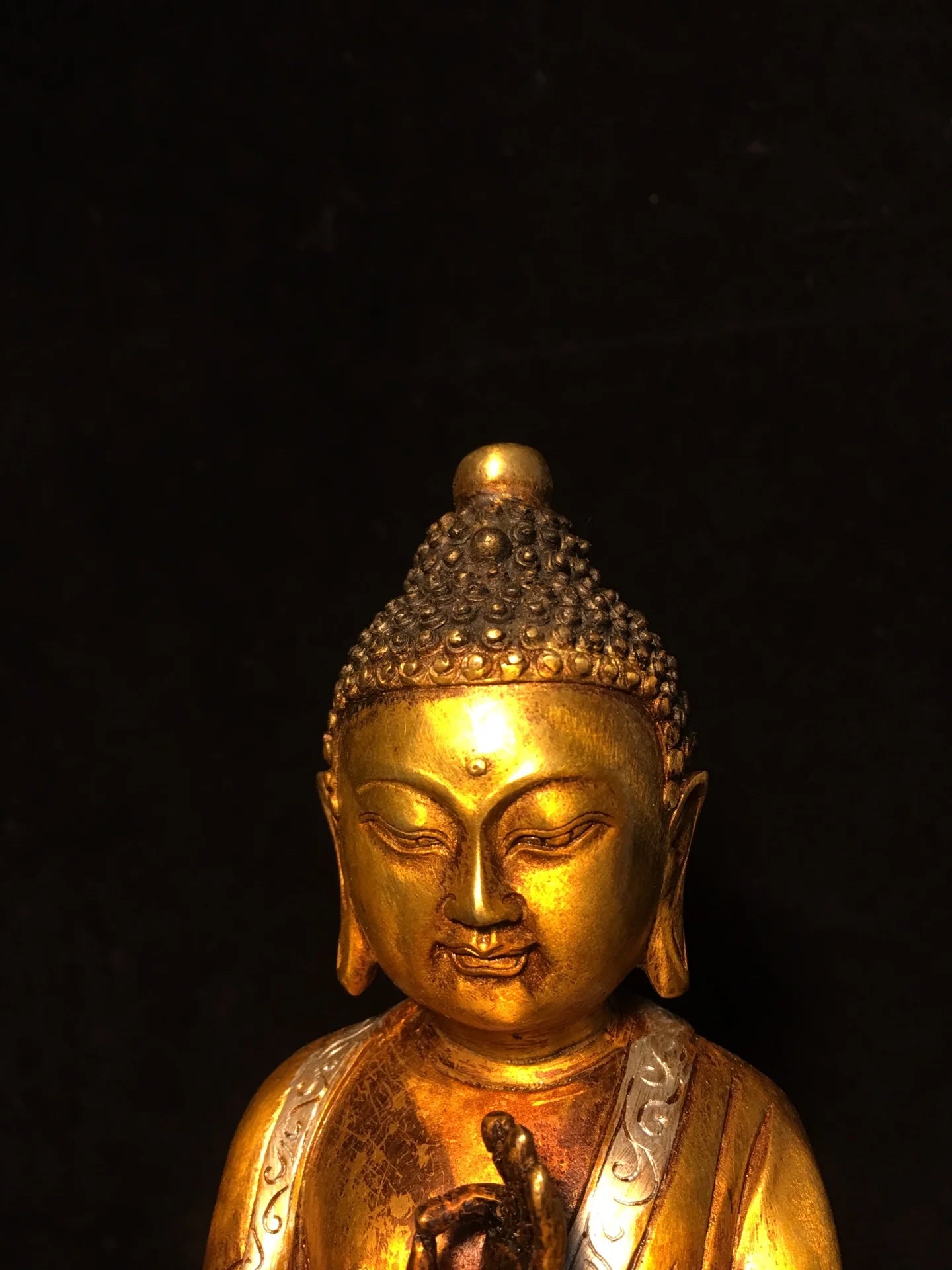 8" Tibetan Temple Collection Old Bronze painted Shakyamuni Prince Buddha Amitabha lotus platform worship hall Town House