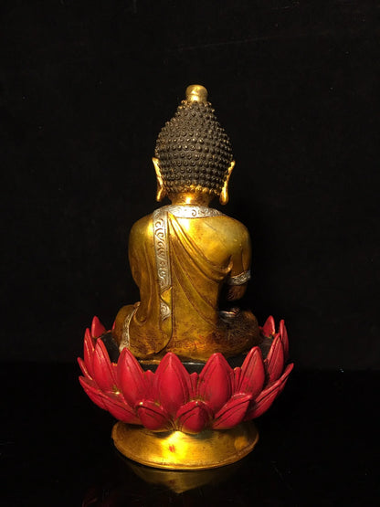 8" Tibetan Temple Collection Old Bronze painted Shakyamuni Prince Buddha Amitabha lotus platform worship hall Town House