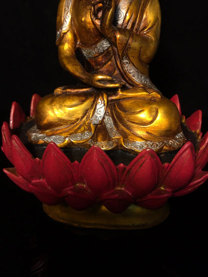 8" Tibetan Temple Collection Old Bronze painted Shakyamuni Prince Buddha Amitabha lotus platform worship hall Town House