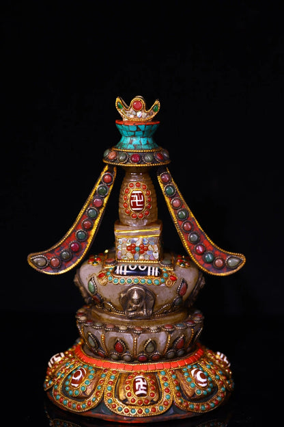8"Tibetan Temple Collection Old Crystal Mosaic Gem gZi Beads Turquoise Sakyamuni Buddha Pagoda Worship Hall Town house