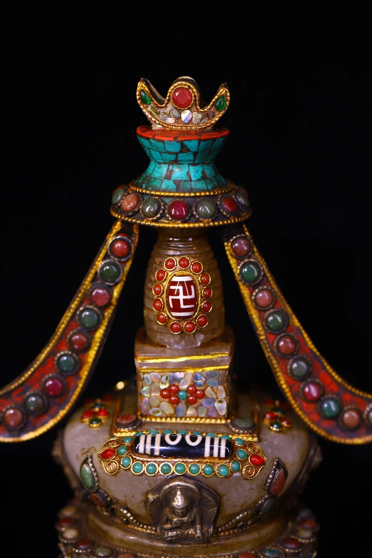 8"Tibetan Temple Collection Old Crystal Mosaic Gem gZi Beads Turquoise Sakyamuni Buddha Pagoda Worship Hall Town house