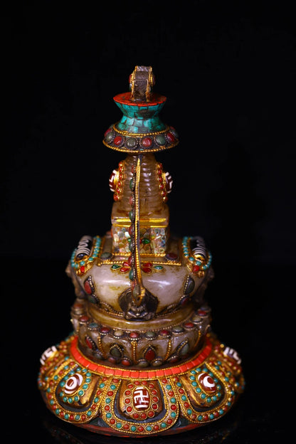 8"Tibetan Temple Collection Old Crystal Mosaic Gem gZi Beads Turquoise Sakyamuni Buddha Pagoda Worship Hall Town house