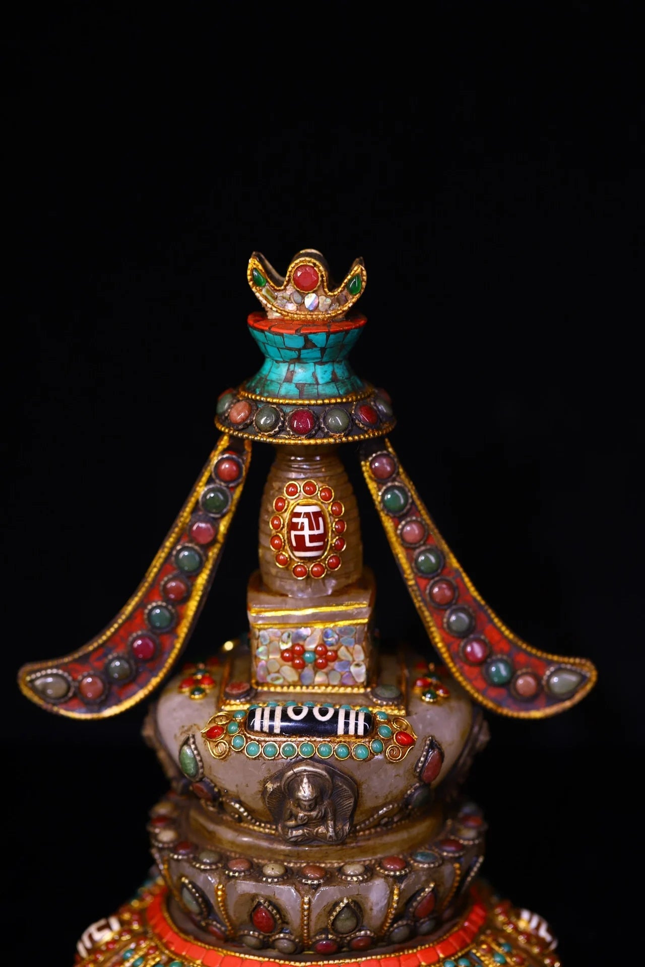 8"Tibetan Temple Collection Old Crystal Mosaic Gem gZi Beads Turquoise Sakyamuni Buddha Pagoda Worship Hall Town house